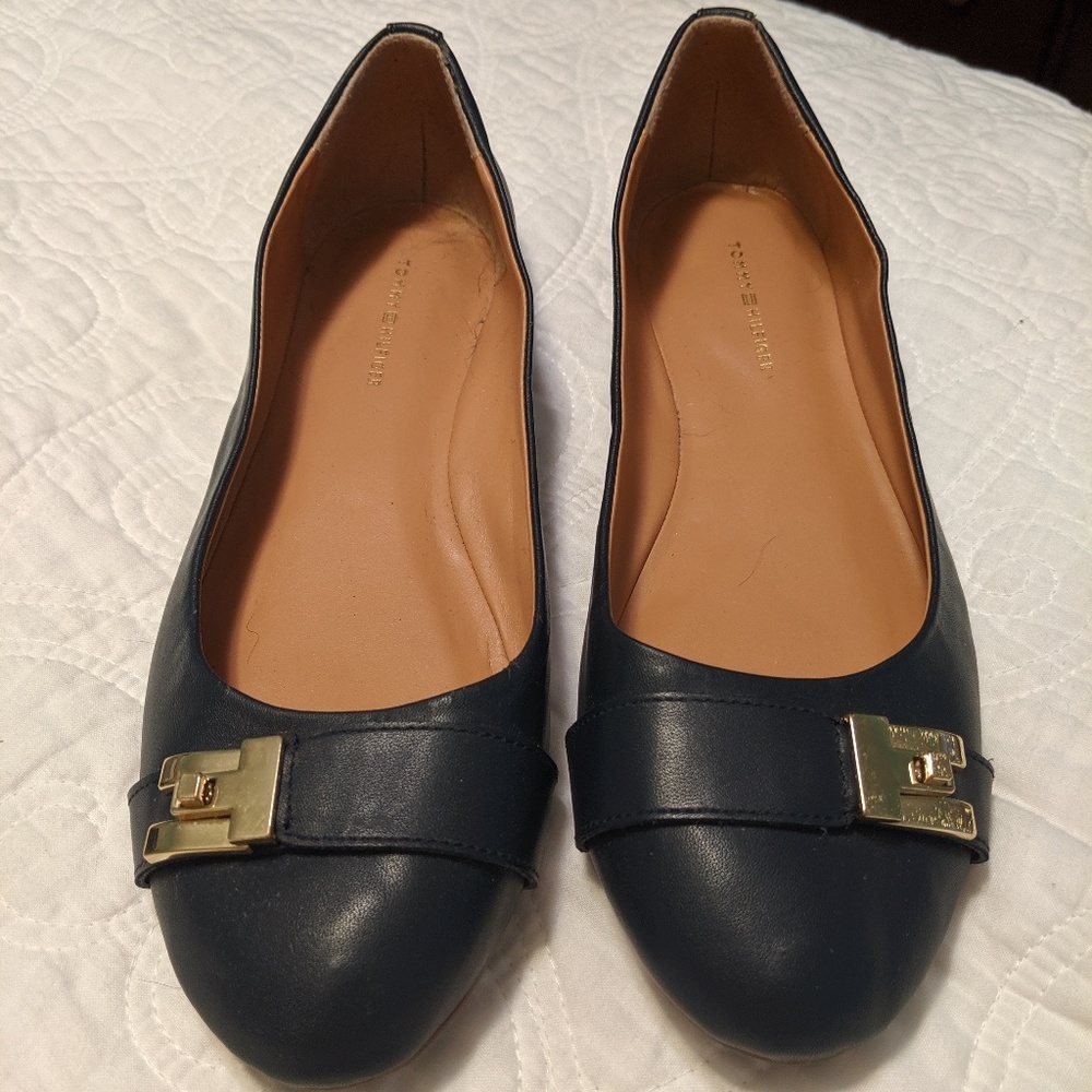 Tommy Hilfiger navy flats with gold buckle